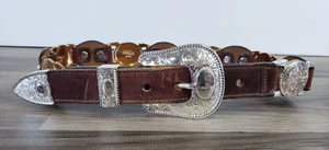 NADIM BROWN LEATHER AND CONCHO BELT SZ 26 MADE USA 1998 VINTAGE READ!!! - Picture 1 of 15