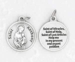 Saint St Anthony + Prayer -Silver Tone Round Medal. - Picture 1 of 4