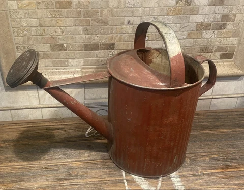 Antique Vintage Watering Can Copper Nozzle Chippy Barn Red Paint Cover