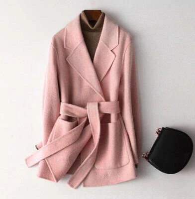 Abrigo corto de lana de invierno para mujer chaquetón de cachemir de doble cara cálido cinturón OL ropa exterior Foto 1 de 4