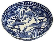Antique Japanese Ceramic Bowl Blue White Hand Painted 12" Large Heavy Porcelain