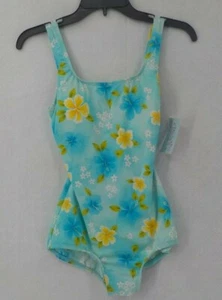 DAISY'S SWIMWEAR ONE PIECE SWIM SUIT GIRLS SZ 10 HAWAIIAN FLORAL PASTEL BLUE NWT - Picture 1 of 11