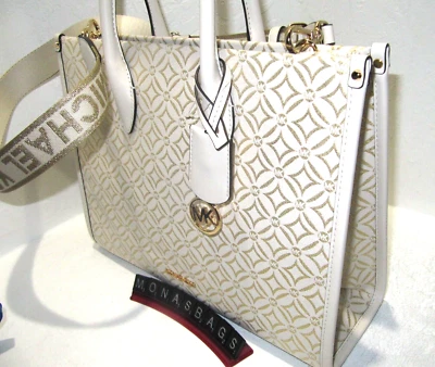 Michael Kors Mirella Med EW Metallic Logo Jacquard Tote Bag LT Cream & Gold NWT - Image 1 of 4