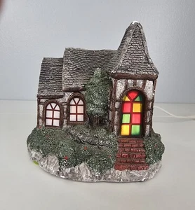VTG Christmas Lighted Village Cottage House Porcelain Stained Glass Look Window - Picture 1 of 9