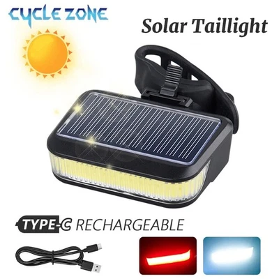 Solar & USB-C Rechargeable LED Bike Rear Light Waterproof Taillight 6 Modes Lamp - Image 1 of 4
