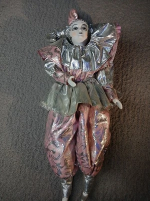 Vintage Harlequin Porcelain Doll Jester Metallic Silver Pink W/ Accents - Image 1 of 4