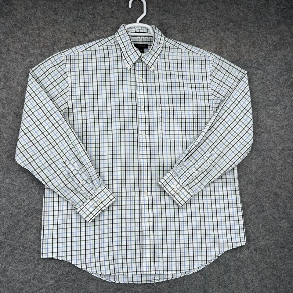 Camisa Van Heusen Para Hombre Grande Blanca Azul Verde A Cuadros Sin Hierro Vestido Abotonado Foto 1 de 4