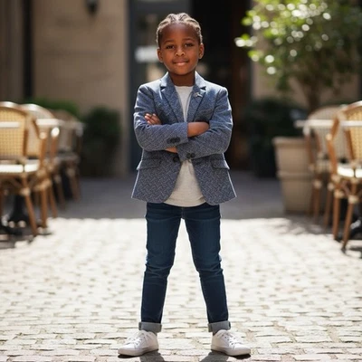 Blazer Elie Balleh Terciopelo Geométrico Azul Gris Niños Talla 4 5 Boda Preppy Foto 1 de 4