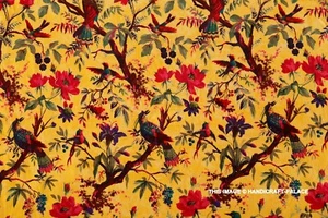 Yellow Soft Velvet Bird Print Fabric Indian Dress Sewing Upholstery Fabric 3 YD - Picture 1 of 5