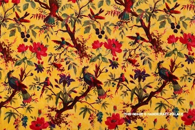 Yellow Soft Velvet Bird Print Fabric Indian Dress Sewing Upholstery Fabric 3 YD - Image 1 of 4