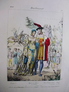 Gravure 19° histoire Mode:costume sous François 1er:Seigneur et dame de la cour - Picture 1 of 4