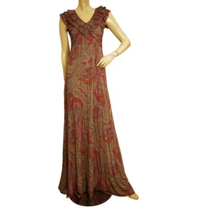 Maxi Vestido Largo ETRO Púrpura Rojo Estampado Cachemira Sin Mangas Volantes Escote 40 - Imagen 1 de 6