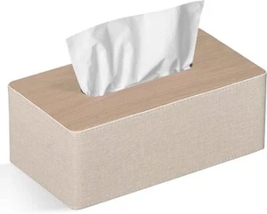 PU Leather Tissue Box Cover 9.8x5.3x4.3" Beige - Picture 1 of 9