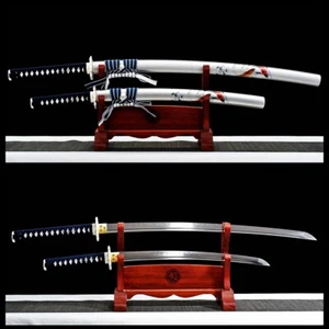 Koi&Wave Set Clay Tempered T10 Steel Katana+Wakizashi Japanese Samurai Sword 2PC - Picture 1 of 12
