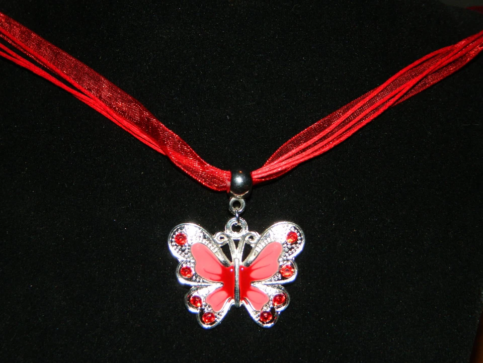 Collar Cinta Organza: Colgante Mariposa Esmalte Rojo Cristal Plata 17" Foto 1 de 4