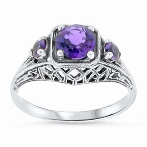 DECO ANTIQUE STYLE 925 STERLING SILVER THREE-STONE LAB AMETHYST RING        035z - Picture 1 of 5