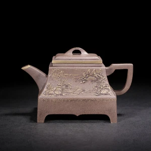 Exquisite Yixing Purple Clay (Shao Shunchang) Four sided Gold Inscribed Teapot - Picture 1 of 9