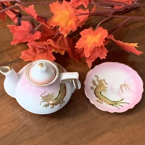 Vtg. Japan Miniature Teapot W/ Lid Plate Dragons Pink 2" Tall Ceramic Porcelain - Picture 1 of 6