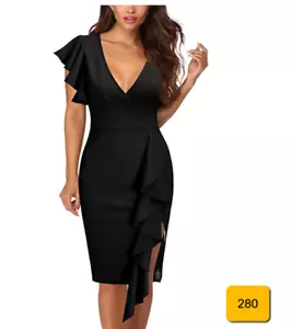 Knitee Womens Deep-V Neck Ruffle Sleeves Cocktail Party Pencil Slit Dress XXL - Picture 1 of 6