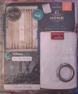 JCP Home- Cool White Verona Twill Solid One Grommet Curtain Panel, 50"x84" NEW  - Image 1 of 4