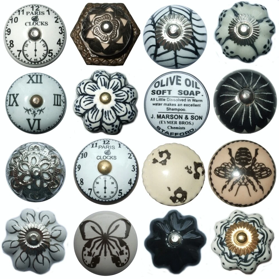 SHABBY CHIC BLACK & WHITE DOOR KNOBS CERAMIC CUPBOARD HANDLES DRAWER PULLS K1 - Image 1 of 1