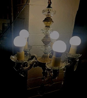 A Vintage French 5 Branch Chandelier Celing Light Heavy Bronze Brass Working - Image 1 of 4