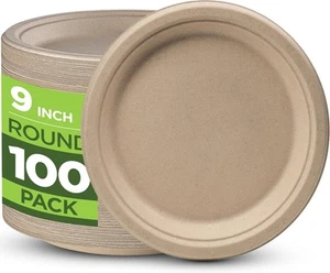 100% Compostable Paper Plates Heavy Duty - 100 Pack 9 Inch, Brown - Picture 1 of 7