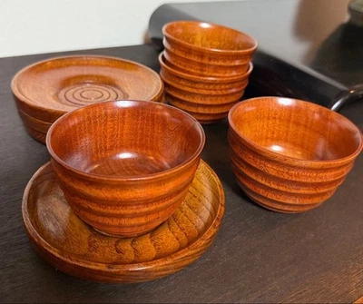 Antiguo juego de té de madera 8 piezas platillos tazas de té estilo japonés vintage Foto 1 de 4