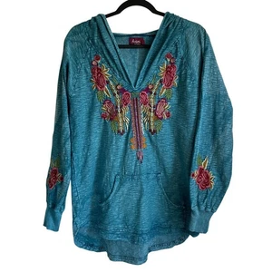 Felpa con cappuccio ricamata Avani Del Amour pullover taglia S cotone slub teal tunica boho - Foto 1 di 8