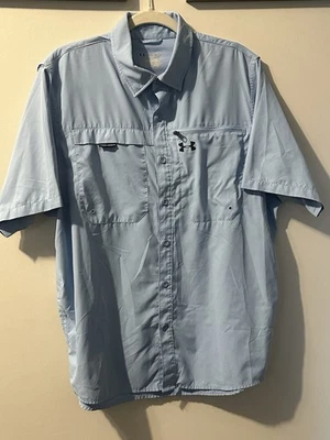 Under Armour Mens HeatGear Fishing Outdoor Shirt Blue LG Loose Fit Button Front - Image 1 of 4