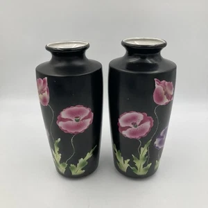 Coppia Vasi Empire Works Neri con Disegno Floreale Rosa | Vintage Made in England - Foto 1 di 22
