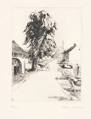 K. LIEVEN (1899-1978), Ländliche Dorfansicht, Radierung Moderne Tiere 1950-1969 - Bild 1 von 4