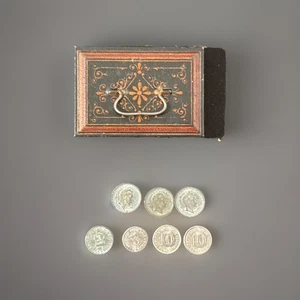 Antique GERMAN Tin Toy Doll Furniture Collectible Cash box w/ Insert & 7 COINS - Picture 1 of 7