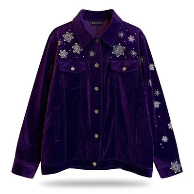 Quacker Factory Purple Velvet Embroidered Snowman Capture the Magic Jacket Sz L - Image 1 of 4