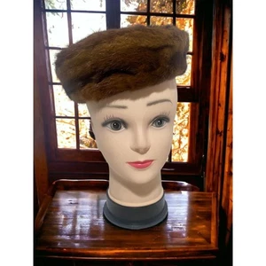 Vintage 50s 60s Pill Box Hat Brown Fur with Chin Strap - Picture 1 of 10