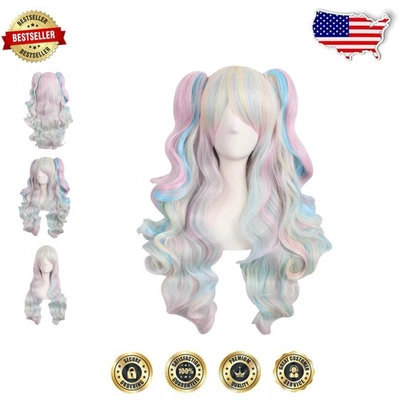 Multi-color Lolita Curly Clip-On Ponytails Wig - Pink/Blue/Blonde Synthetic - Image 1 of 4