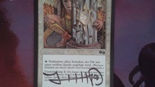 1X Rune of Protection: White Signed - Urza's Saga - German, NM/EX MTG CARD
