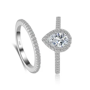925 Sterling Silver Ring Set Water Drop Simulation Diamond Women Wedding Ring - Picture 1 of 4