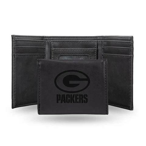Green Bay Packers Laser Engraved Black Leather Tri-fold Wallet  - Free Shipping Cover