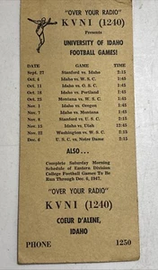 ¡Juegos de fútbol de la Universidad de Idaho 1947! HORARIO - KVNI "A TRAVÉS DE SU RADIO" (1240) - Imagen 1 de 4