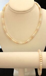 Sterling Silver 925 Honora FW Rondelle Pearl Pink Necklace Bracelet Set 40gr
