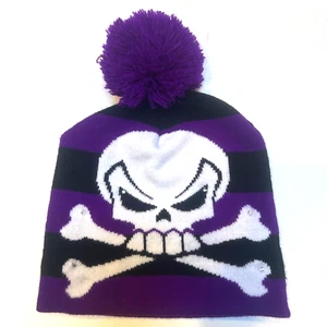 Hat Skull and Crossbones Beanie Black Purple Striped Tiny Lights in cap One Size - Picture 1 of 4