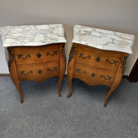 Pair of Vintage French Louis XV Style Marble Top Commodes/End Tables Cover