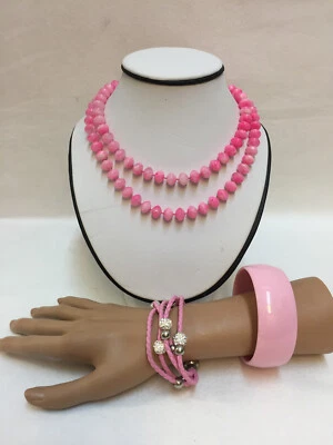 Pink Jewelry Lot 2 Bracelets 1 Necklace Acrylic Plastic Rope Charms Bead - Image 1 of 4