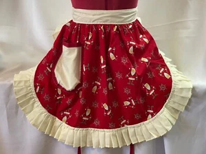RETRO VINTAGE 50s STYLE HALF APRON / PINNY - CHRISTMAS SANTAS & SNOWFLAKES ON RE - Picture 1 of 7