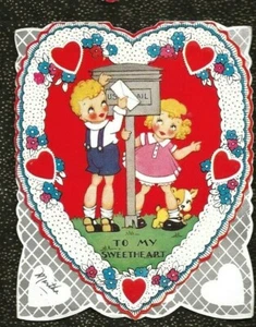 Vintage SIGNED Die Cut Valentine CHILDREN MAILING LETTERS IN POSTAL MAILBOX - Picture 1 of 3