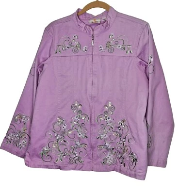 Quacker Factory Women's Lavender Pink Jacket Zip Floral Sequin Pockets Large - Image 1 of 4