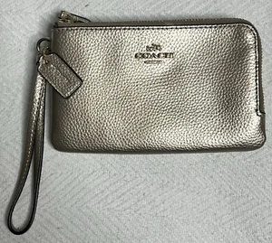 Coach Gold Double Corner Zip Wristlet In Polished Pebble Leather STYLE 54813 - Picture 1 of 10