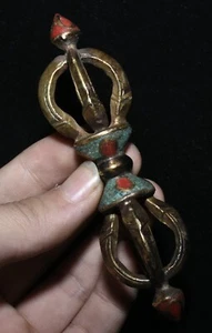 11CM Old Tibet Bronze Inlay Turquoise King Kong Pestle Fa Qi Faqi Amulet Pendant - Picture 1 of 8