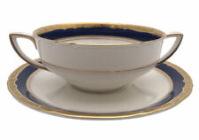 Royal Worcester Cream Soup Bowl Saucer Set Aston Blue White Gold England